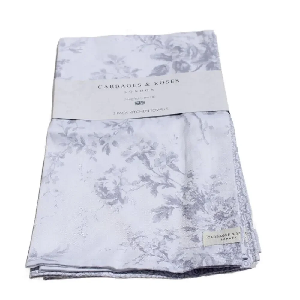 Cabbages & Roses London Kitchen Towel Set 3 Pc 100% Cotton Designed in the UK